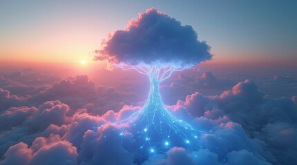 A futuristic glowing holographic cloud with routs showing data connectivity all over the world. AI Generative
