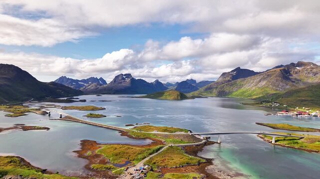Wide aerial panorama of Fredvang Bridges and fjord landscape in Lofoten, Norway