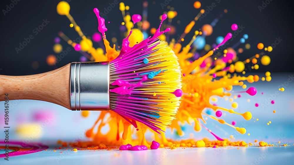 Poster colorful paintbrush with exploding paint splatters and vibrant artistic elements