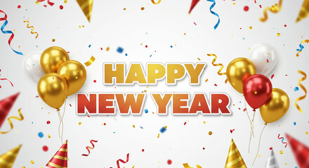 Happy New Year! Festive Celebration Background with Gold, Red, and White Balloons, Confetti, and Party Hats.  A vibrant and joyful image perfect for New Year's greetings, cards, websites, and socia...