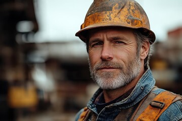A portrait of an elderly construction worker in a safety helmet, building industry