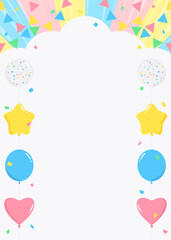 雲型の背景フレーム、ガーランド、風船、紙吹雪のデコレーション、星とハートの風船、縦向き