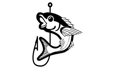 Jumping Fish Hooked on Fishing Hook Silhouette Vector Isolated Graphic