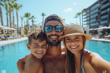 Happy young family with two children taking a selfie at a luxury hotel during their summer holiday, capturing joyful moments on vacation, Generative AI