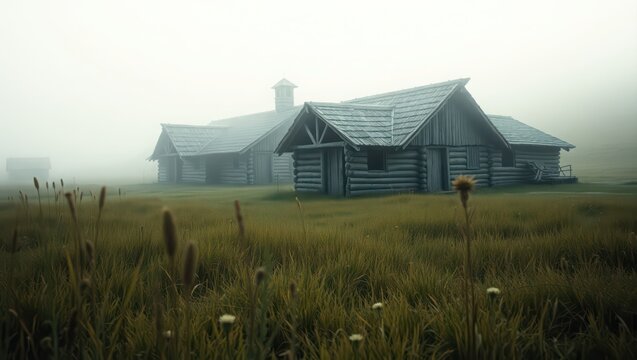 Foggy rural landscape with old wooden cabins and grass field scenic misty morning view