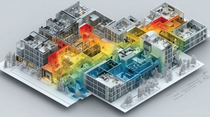 Quantum CAD architecture platform visualizing 3D building plans, energy simulation, material stress maps, and adaptive layout optimization 
