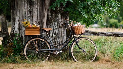 Fototapeta premium Bicycle Leaning Against a Wooden Fence