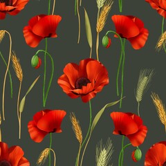 Obraz premium Wildflowers Seamless Pattern with Poppies and Wheat. Summer Meadow Flowers Seamless Texture. Perfect for prints textiles and wrapping. Ready to print grey background
