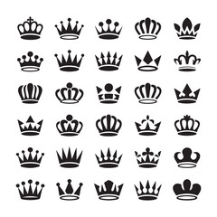 Collection of twenty five black crown illustrations in a grid pattern on a white background