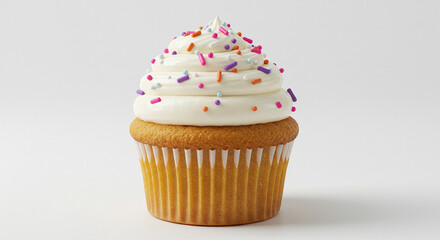 Delicious Vanilla Cupcake with Colorful Sprinkles: A High-Resolution 3D Render of a Single, Perfectly Iced Cupcake, Ready for Your Culinary or Festive Designs.  This image boasts vibrant colors, de...