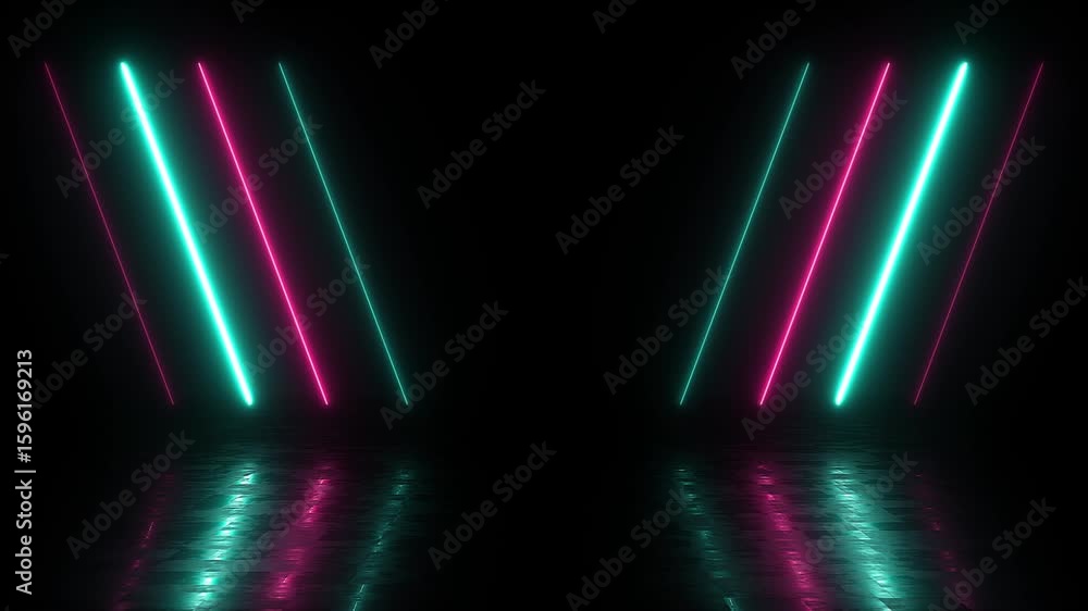 Poster abstract neon background with pink and cyan beams of light with reflection on dark background. futur