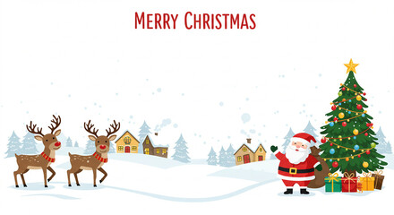 Merry Christmas Festive Illustration: Santa Claus, Reindeer, Christmas Tree, and Snowy Village Scene - Perfect for Holiday Cards, Website Banners, and Festive Designs.  This charming illustration f...
