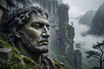 Obraz premium Gigantic Stone Head Sculpture in Misty Mountain Landscape