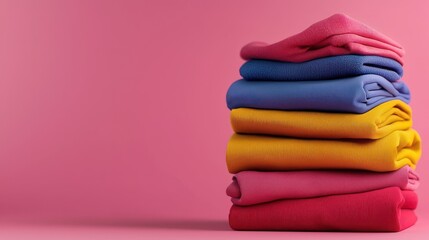 Stack of colorful sweatshirts neatly folded against a vibrant pink backdrop