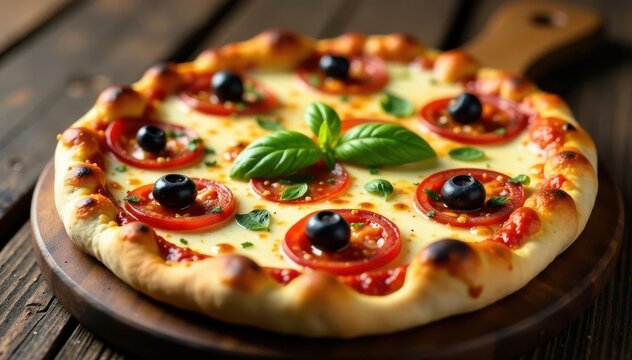 Artisan pizza base, assorted toppings on wooden surface, baking, rustic, tomato