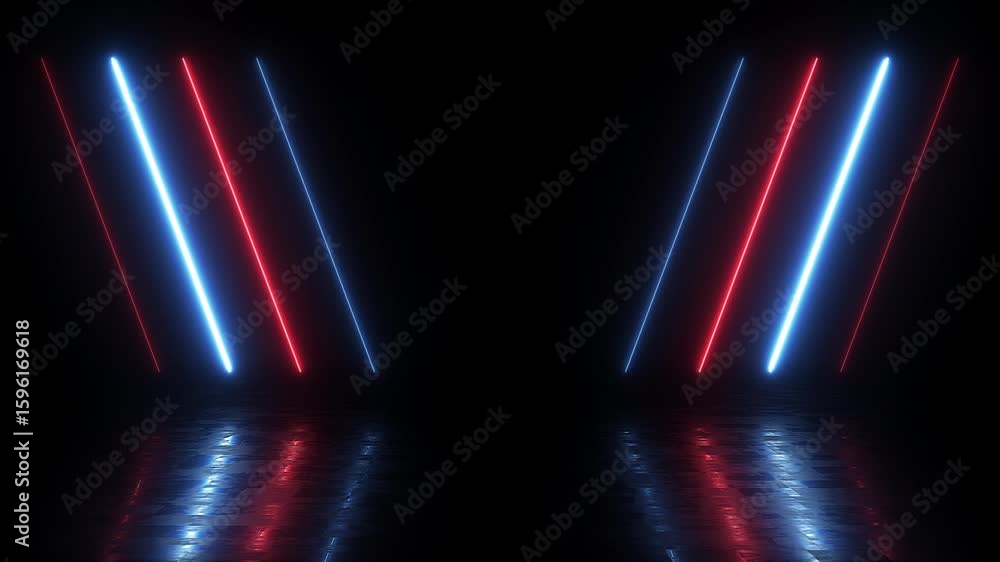 Aufkleber blue and red neon tilted lines parallel froming a modern pattern with reflecting floor. motion graph