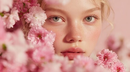 Fototapeta premium Spa editorial with 25-year-old blonde, delicate facial lines, cream on face, surrounded by pink flowers in fresh pastel tones.