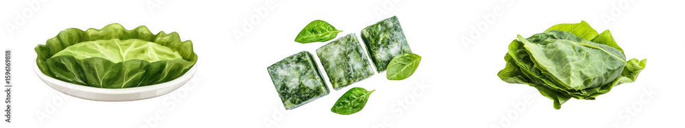 Poster various forms of collard greens displayed against a black backdrop in a studio setting today on tran