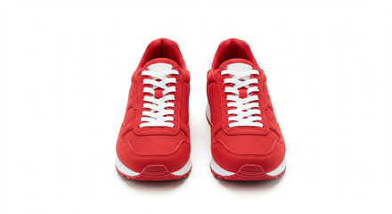 Stylish Red Sneakers with White Laces: Close-Up Studio Shot of Modern Athletic Footwear, Perfect for Fashion, Sports, and Lifestyle Branding. High-resolution image showcasing the detail and texture...