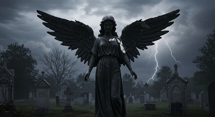 Fototapeta premium Majestic stone angel statue with wings spread wide in a dark, foggy graveyard under a stormy sky with lightning