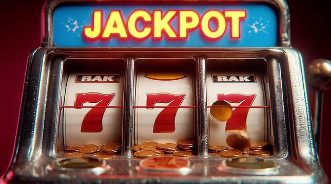 Jackpot Spin: A vintage slot machine displaying a winning combination. The scene is lit, capturing a moment of luck and excitement. 