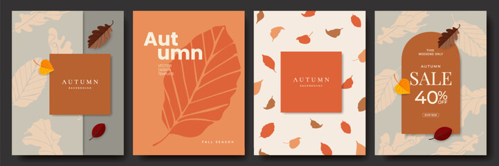 Autumn banner, poster, card or flyer set. Fall background with leaves and typography design. Template for sale, branding, advertising, web, social media