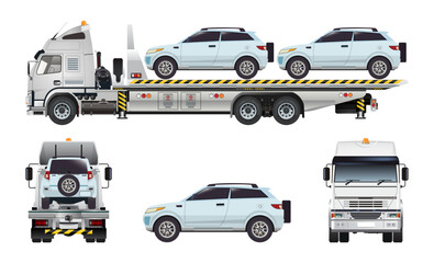 Fototapeta premium Flat bed truck trailer loaded cars carrier model realistic highly detailed flat vector set illustration