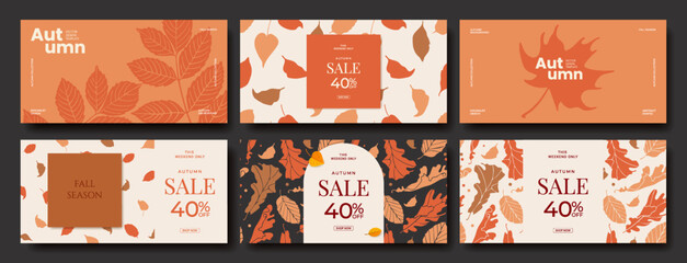 Set of Autumn horizontal background with abstract autumn leaves. Modern fall minimalist design template for sale, poster, flyer, header, cover, social media, fashion ads