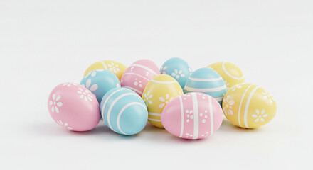 A Delightful Collection of Pastel Easter Eggs: A Festive 3D Render of Beautifully Decorated Eggs in Soft Pink, Blue, and Yellow Hues, Perfect for Springtime Celebrations and Easter Greetings.  Thes...