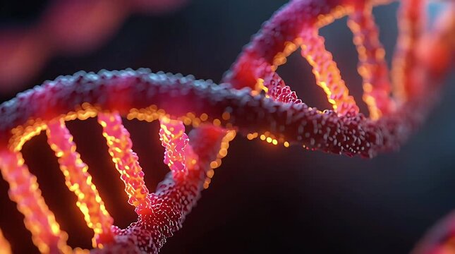 DNA Helix: A visually stunning close-up of a DNA helix, showcasing its intricate double helix structure in vivid detail, illuminated by a dynamic play of light and shadow.