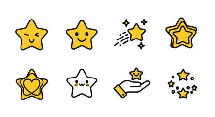 Star eight cute yellow icons great for design projects in need of bright, shining star illustrations for added charm and appeal.