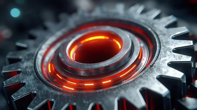Mechanized Cog: An image capturing the intricate mechanics of a cog, with the center illuminated with a brilliant red hue, highlighting the mechanical element and the innovation within.