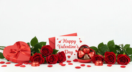 Romantic Valentine's Day Still Life: Red Roses, Heart-Shaped Chocolates, Gift Box, and a Sweet 'Happy Valentine's Day' Card - Perfect for Valentine's Day Greetings, Romantic Decorations, and Love-T...
