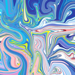 Dynamic abstract marble swirl with bold blue, yellow, and pink hues, creating a fluid, electric look for backgrounds, posters, or digital art.