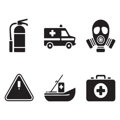Emergency symbols including ambulance fire extinguisher and gas mask