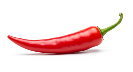 Vibrant Red Chili Pepper: A Close-Up Studio Shot of a Single, Glossy Red Chili, Isolated on a Pure White Background. This high-resolution image is perfect for culinary websites, food blogs, spice p...