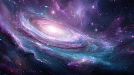A vibrant spiral galaxy glows with radiant light, surrounded by colorful cosmic clouds and countless sparkling stars in deep space