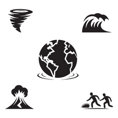 Natural disaster icons planet earth tornado wave