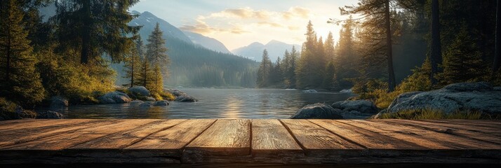 A Scandinavian nature-inspired scene featuring a rustic wooden table in the foreground