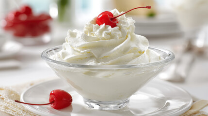 Whipped Frosting with Cherry on Top in Glass Bowl Photo