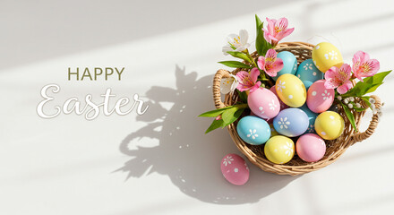 Happy Easter! Pastel Easter Eggs in a Wicker Basket with Alstroemeria Flowers, Sunlight Shadow, Festive Spring Decoration, Holiday Greeting Card Design, Beautiful Springtime Image, Easter Celebrati...
