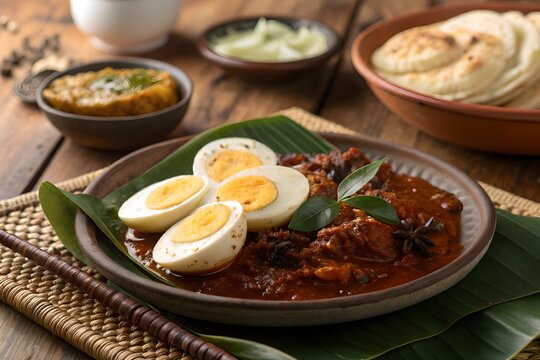 Kerala Egg Roast with Appam or Parotta on Rustic Wooden Table