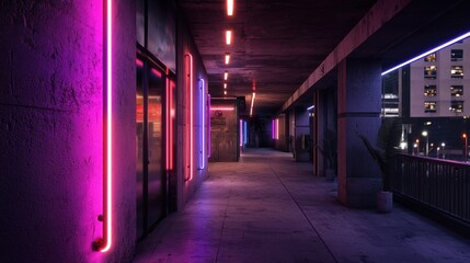 Fototapeta premium Neon lit urban walkway exudes a cyberpunk ambiance and modern architectural design