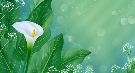 Tropical Green Leaves and White Lily Flower Botanical Background Illustration