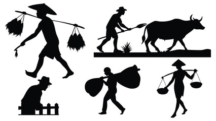 Minimalist Black and White Silhouette Illustrations of Agricultural and Labor Activities