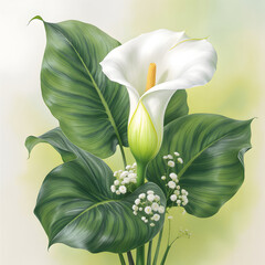 Tropical Green Leaves and White Lily Flower Botanical Background Illustration