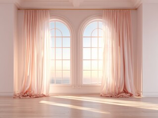 Soft sunlight streams through tall arched windows with elegant pink curtains in a bright, serene room with wooden floors