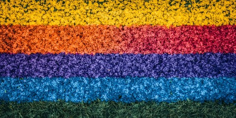 Obraz premium Aerial view of colorful flower field with yellow orange red purple blue and green stripes of flowers