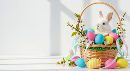 Adorable White Bunny Rabbit Nestled in a Wicker Basket Filled with Colorful Easter Eggs and Delicate Spring Blossoms, Creating a Festive and Charming Easter Scene Perfect for Springtime Celebration...