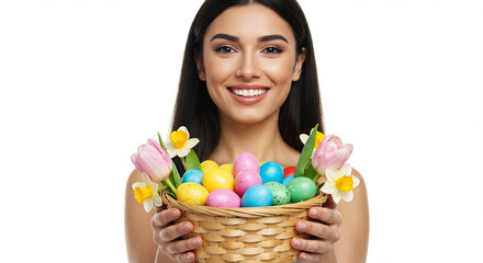 Radiant Woman Holding a Basket of Colorful Easter Eggs and Spring Flowers: A Vibrant and Joyful Easter Image Perfect for Springtime Greetings, Holiday Cards, and Easter Celebrations.  High-resoluti...